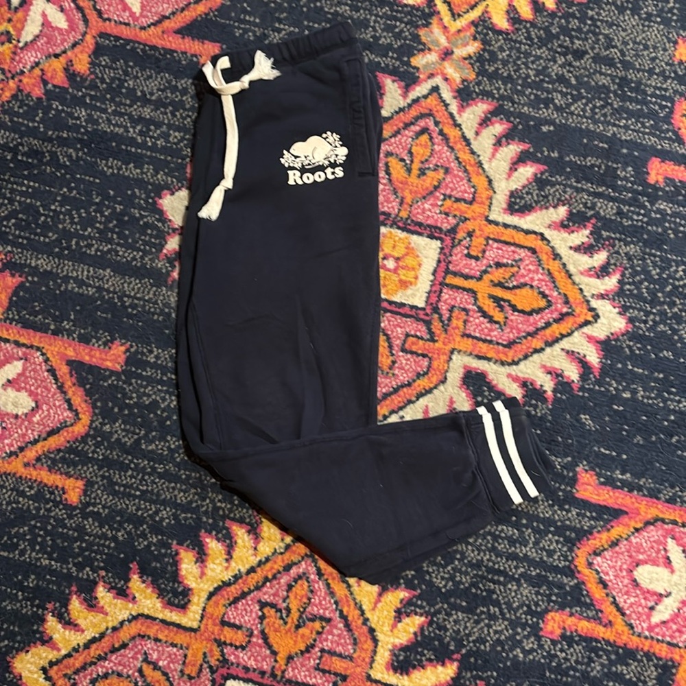 Navy Roots women’s sweatpants, XS, great condition, striped cuffed hem.
